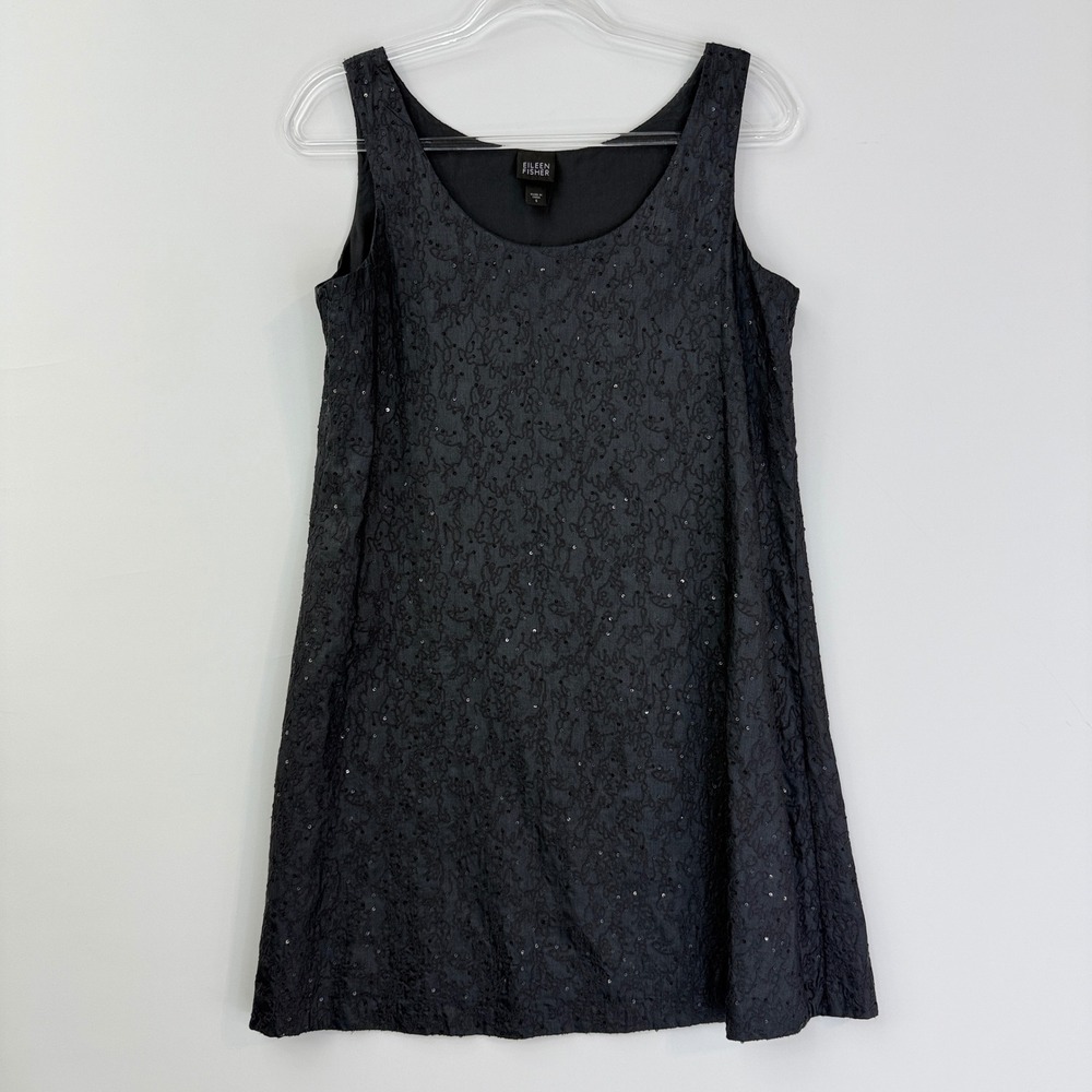 Eileen Fisher Silk Sequin Embroidered Shift Dress Womens S Black Sleeveless